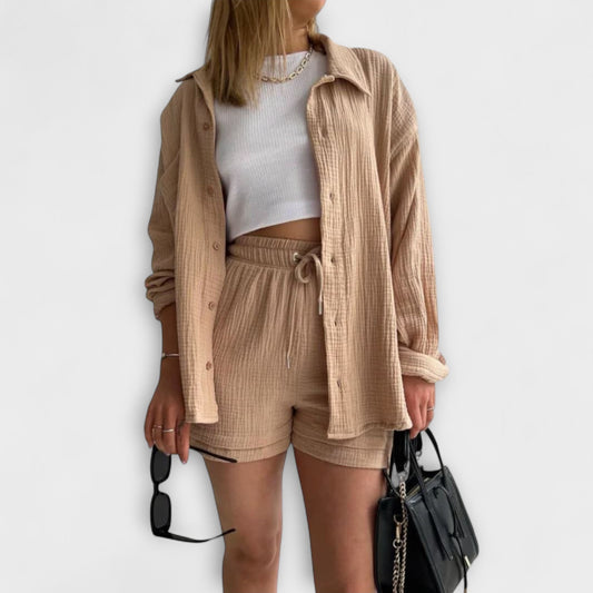 Effortless Tan Two Piece Set for Women with Button Front Pockets Casual Style