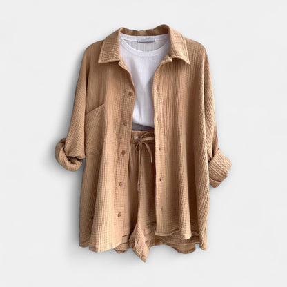 Effortless Tan Two Piece Set for Women with Button Front Pockets Casual Style