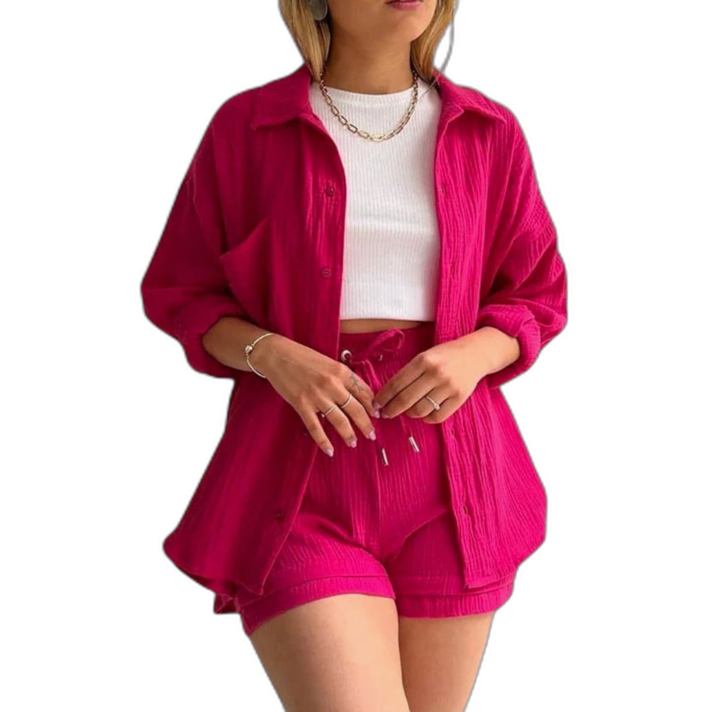 Effortless Tan Two Piece Set for Women with Button Front Pockets Casual Style
