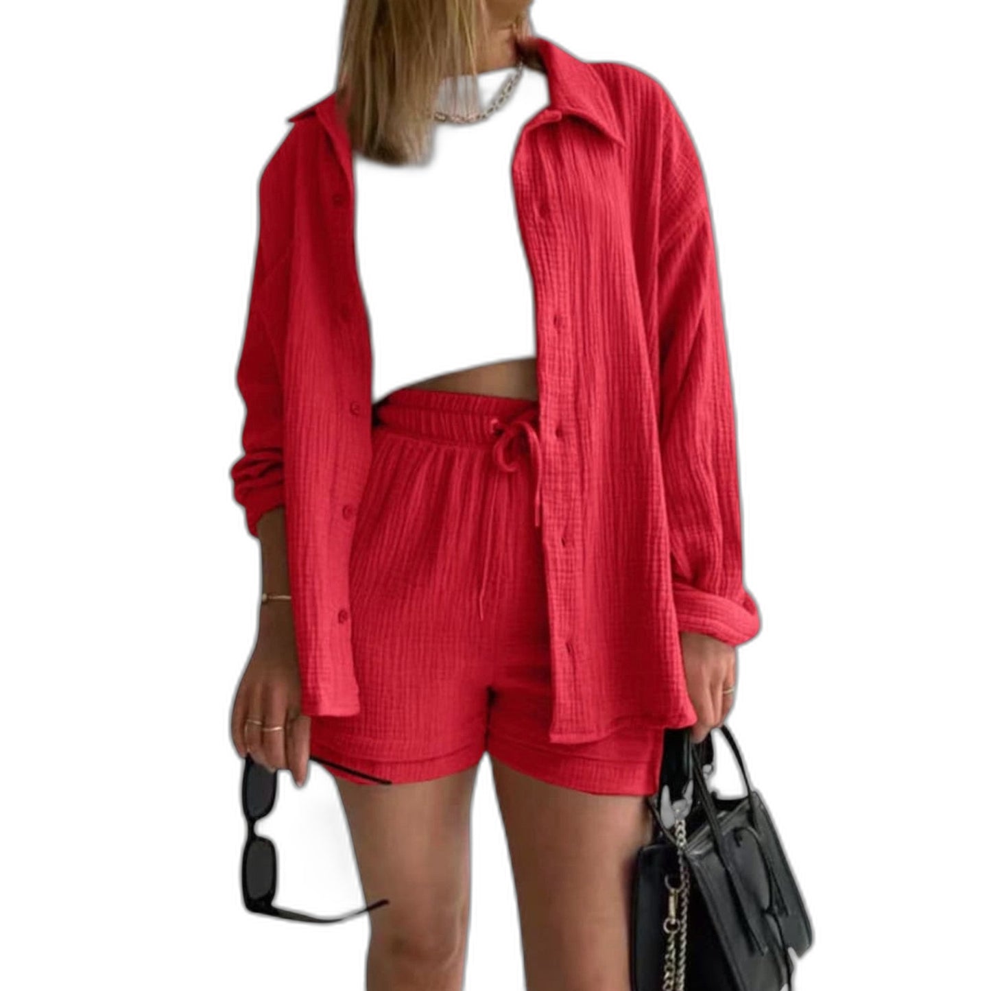 Effortless Tan Two Piece Set for Women with Button Front Pockets Casual Style