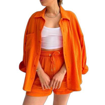 Effortless Tan Two Piece Set for Women with Button Front Pockets Casual Style