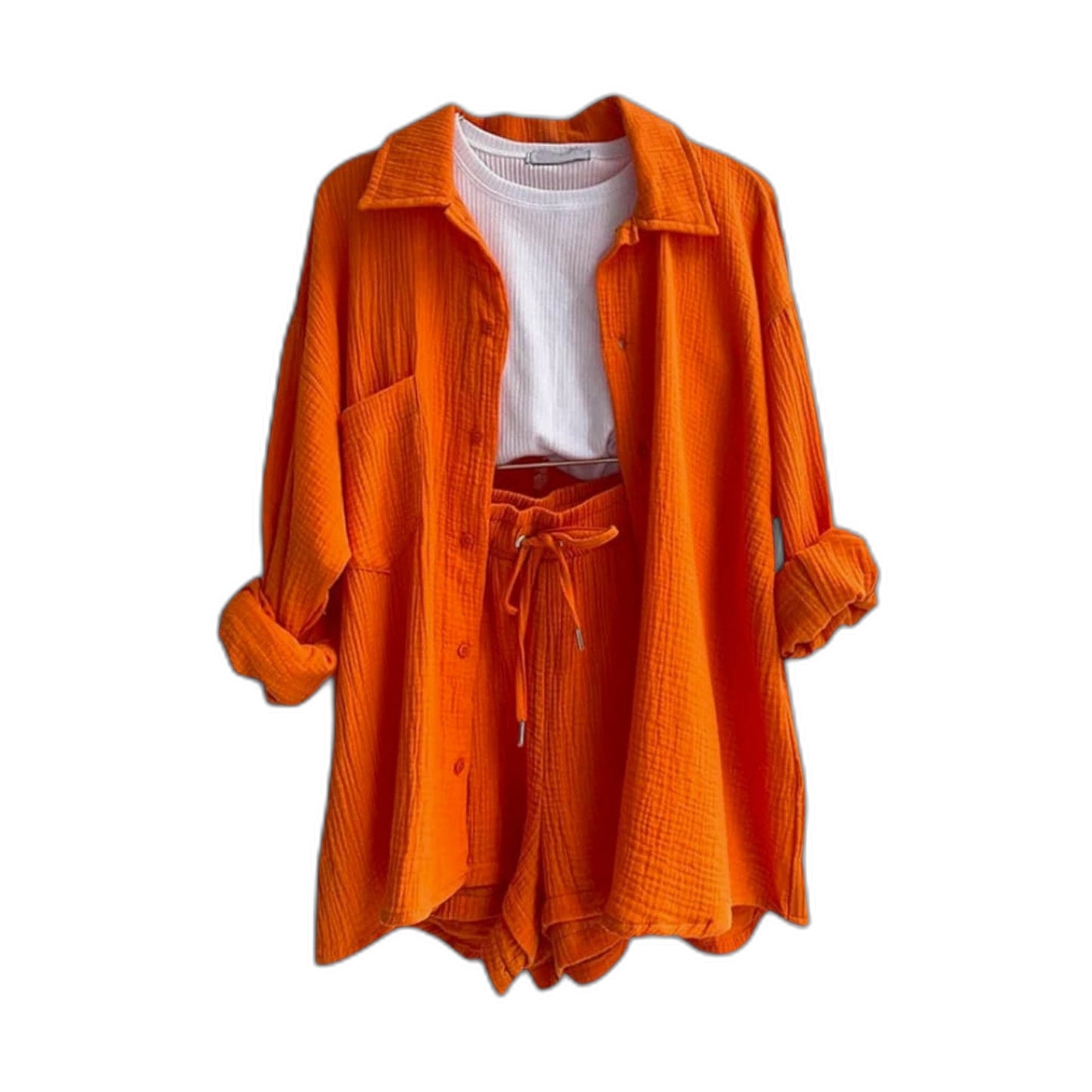 Effortless Tan Two Piece Set for Women with Button Front Pockets Casual Style