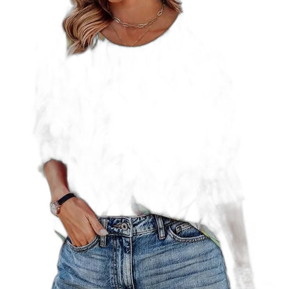 Effortless White Blouse for Women with Crew Neck Long Sleeve Smocked Casual Style
