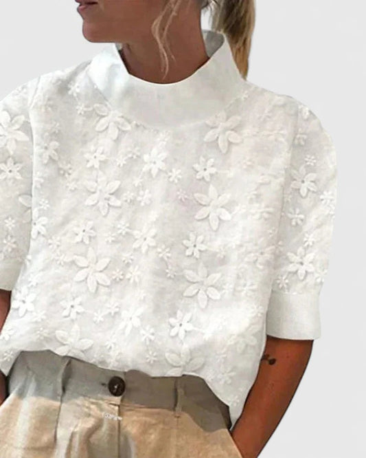 Effortless White Blouse for Women with High Neck Short Sleeve Casual Style