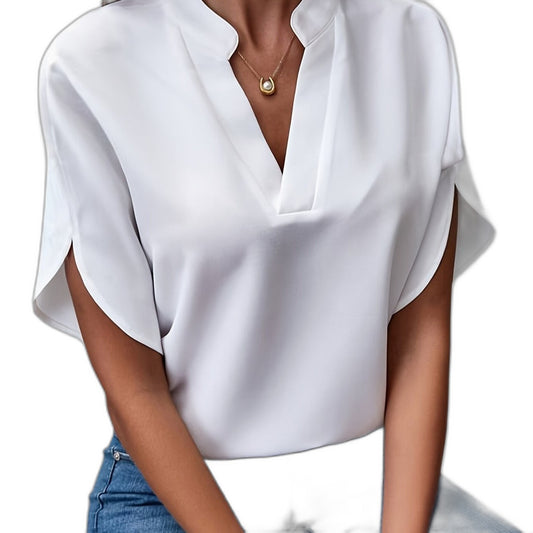 Effortless White Blouse for Women with V Neck Short Sleeve Flowing Casual Style