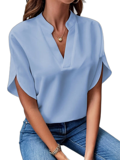Effortless White Blouse for Women with V Neck Short Sleeve Flowing Casual Style