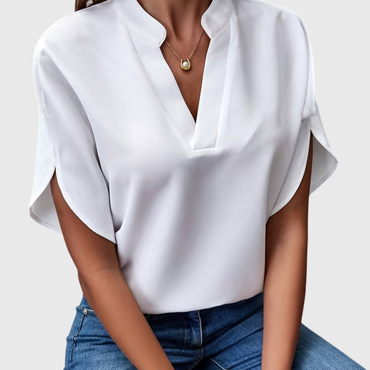Effortless White Blouse for Women with V Neck Short Sleeve Flowing Casual Style
