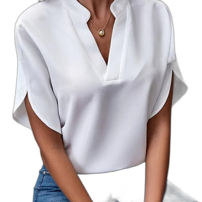 Effortless White Blouse for Women with V Neck Short Sleeve Flowing Casual Style