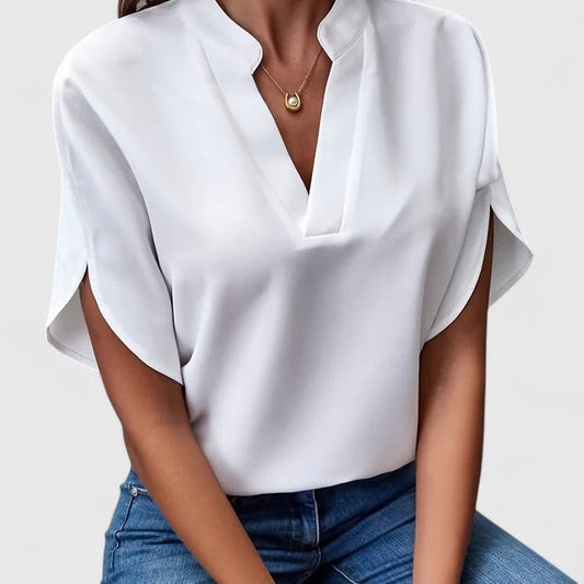 Effortless White Blouse for Women with V Neck Short Sleeve Flowing Casual Style