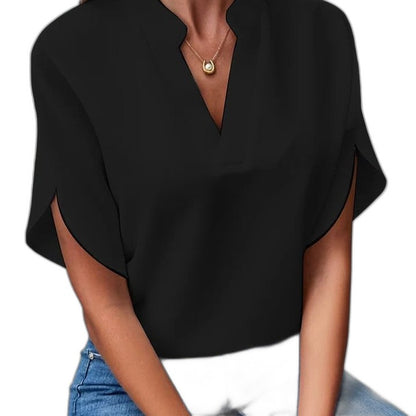 Effortless White Blouse for Women with V Neck Short Sleeve Flowing Casual Style