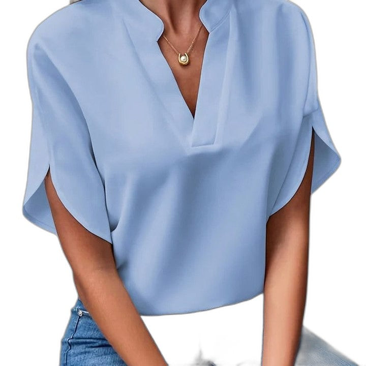 Effortless White Blouse for Women with V Neck Short Sleeve Flowing Casual Style