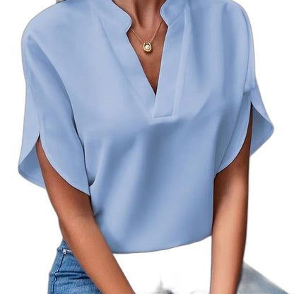 Effortless White Blouse for Women with V Neck Short Sleeve Flowing Casual Style