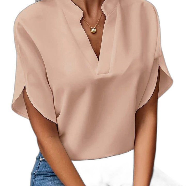 Effortless White Blouse for Women with V Neck Short Sleeve Flowing Casual Style