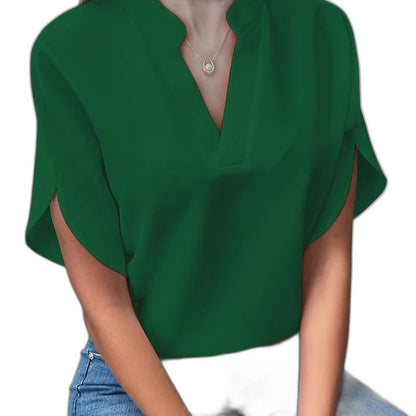 Effortless White Blouse for Women with V Neck Short Sleeve Flowing Casual Style
