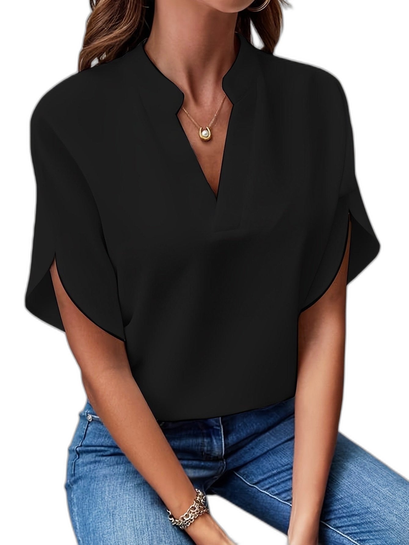 Effortless White Blouse for Women with V Neck Short Sleeve Flowing Casual Style