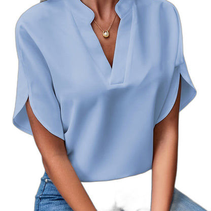 Effortless White Blouse for Women with V Neck Short Sleeve Flowing Casual Style