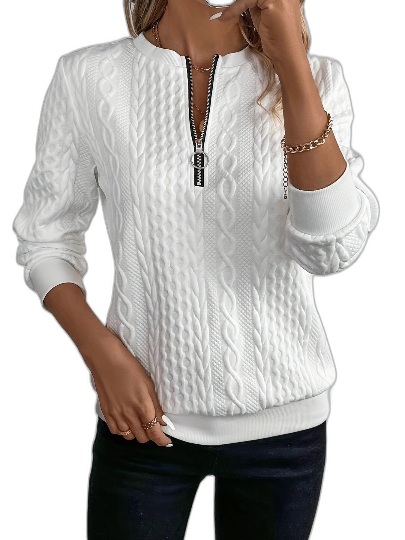 Effortless White Cable Knit Sweater for Women with High Neck Long Sleeve Zip Up Casual Style