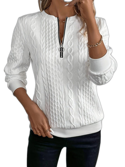 Effortless White Cable Knit Sweater for Women with High Neck Long Sleeve Zip Up Casual Style