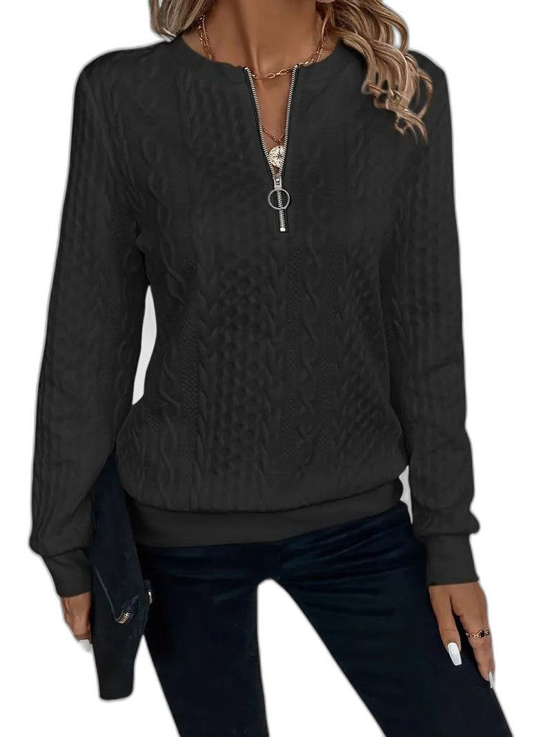 Effortless White Cable Knit Sweater for Women with High Neck Long Sleeve Zip Up Casual Style