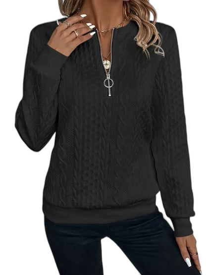 Effortless White Cable Knit Sweater for Women with High Neck Long Sleeve Zip Up Casual Style