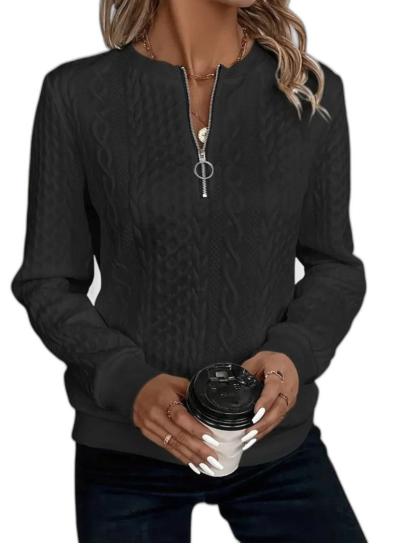 Effortless White Cable Knit Sweater for Women with High Neck Long Sleeve Zip Up Casual Style