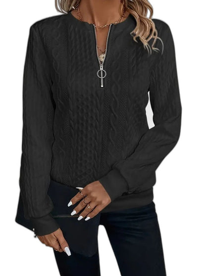 Effortless White Cable Knit Sweater for Women with High Neck Long Sleeve Zip Up Casual Style