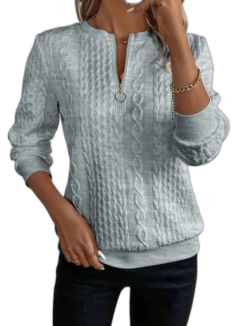 Effortless White Cable Knit Sweater for Women with High Neck Long Sleeve Zip Up Casual Style