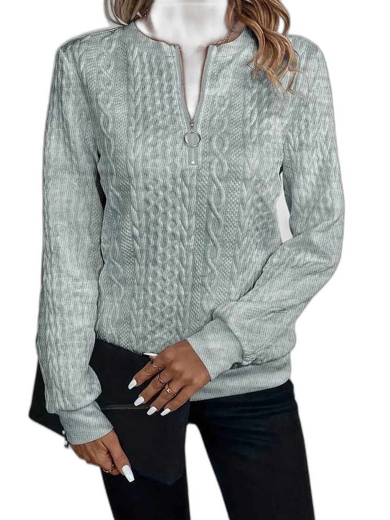 Effortless White Cable Knit Sweater for Women with High Neck Long Sleeve Zip Up Casual Style