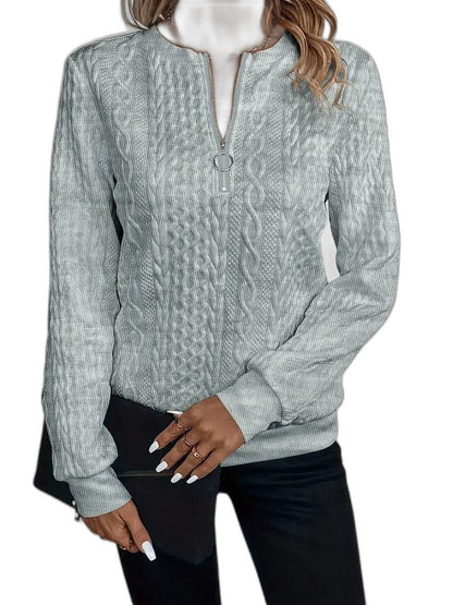 Effortless White Cable Knit Sweater for Women with High Neck Long Sleeve Zip Up Casual Style