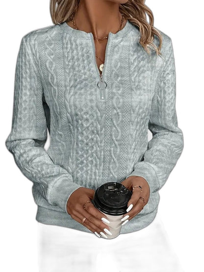 Effortless White Cable Knit Sweater for Women with High Neck Long Sleeve Zip Up Casual Style