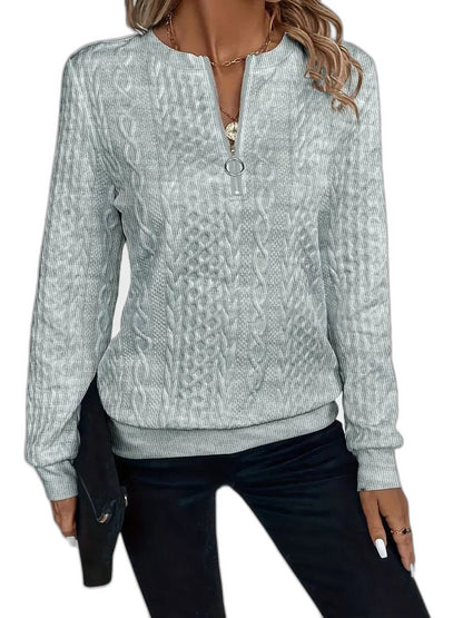 Effortless White Cable Knit Sweater for Women with High Neck Long Sleeve Zip Up Casual Style