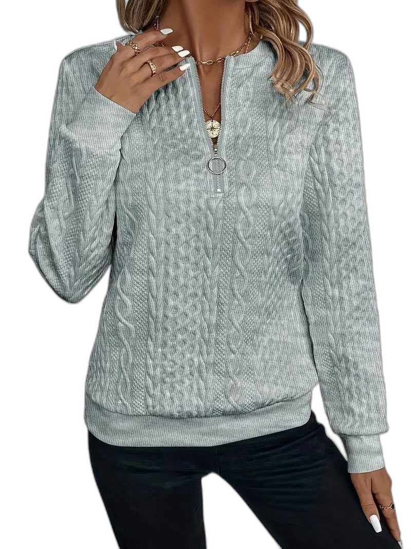 Effortless White Cable Knit Sweater for Women with High Neck Long Sleeve Zip Up Casual Style