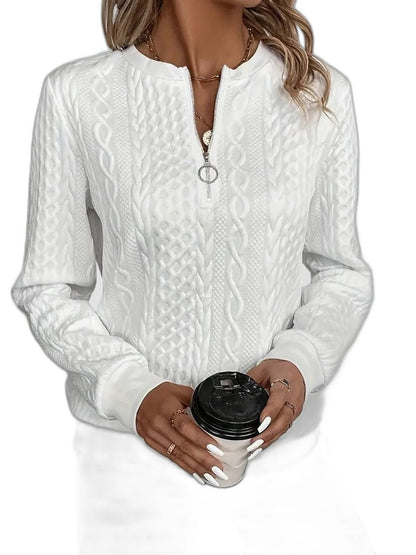 Effortless White Cable Knit Sweater for Women with High Neck Long Sleeve Zip Up Casual Style
