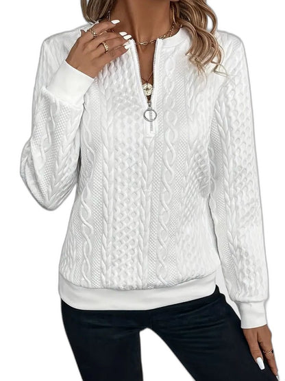 Effortless White Cable Knit Sweater for Women with High Neck Long Sleeve Zip Up Casual Style
