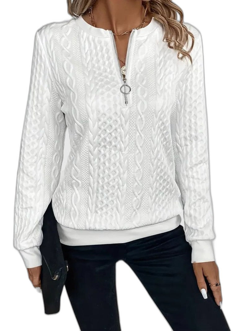 Effortless White Cable Knit Sweater for Women with High Neck Long Sleeve Zip Up Casual Style