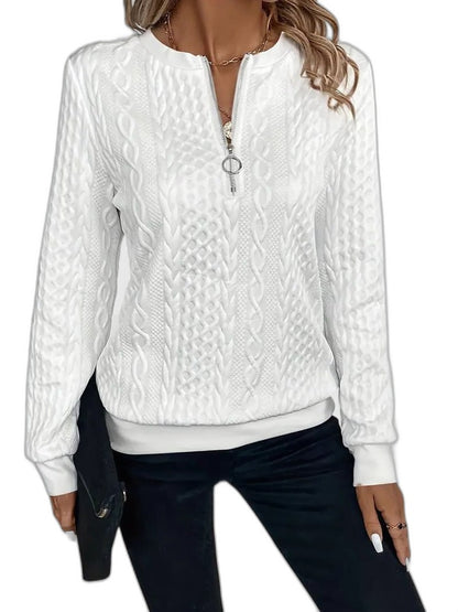 Effortless White Cable Knit Sweater for Women with High Neck Long Sleeve Zip Up Casual Style