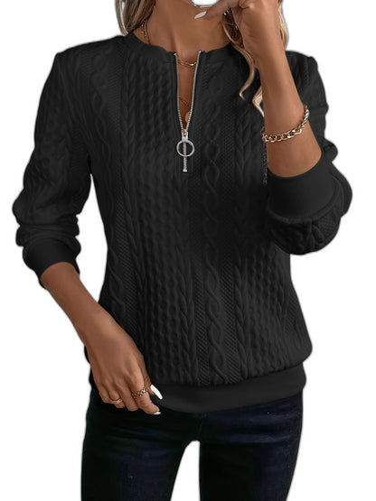 Effortless White Cable Knit Sweater for Women with High Neck Long Sleeve Zip Up Casual Style