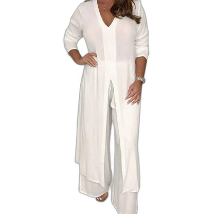Effortless White Chiffon Jumpsuit for Women with V Neck Long Sleeve Wide Leg Flowing Casual Style
