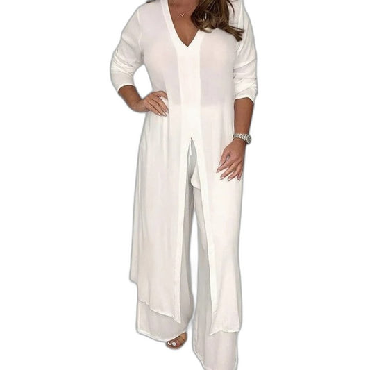 Effortless White Chiffon Jumpsuit for Women with V Neck Long Sleeve Wide Leg Flowing Casual Style