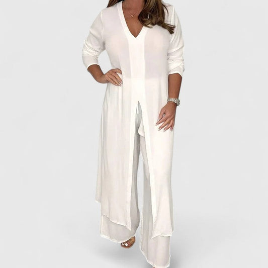 Effortless White Chiffon Jumpsuit for Women with V Neck Long Sleeve Wide Leg Flowing Casual Style