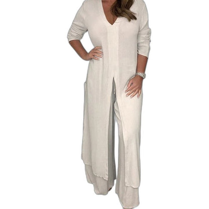 Effortless White Chiffon Jumpsuit for Women with V Neck Long Sleeve Wide Leg Flowing Casual Style