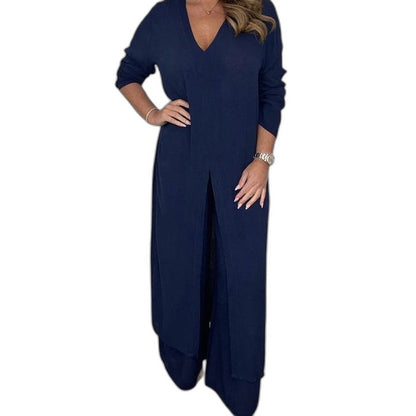 Effortless White Chiffon Jumpsuit for Women with V Neck Long Sleeve Wide Leg Flowing Casual Style