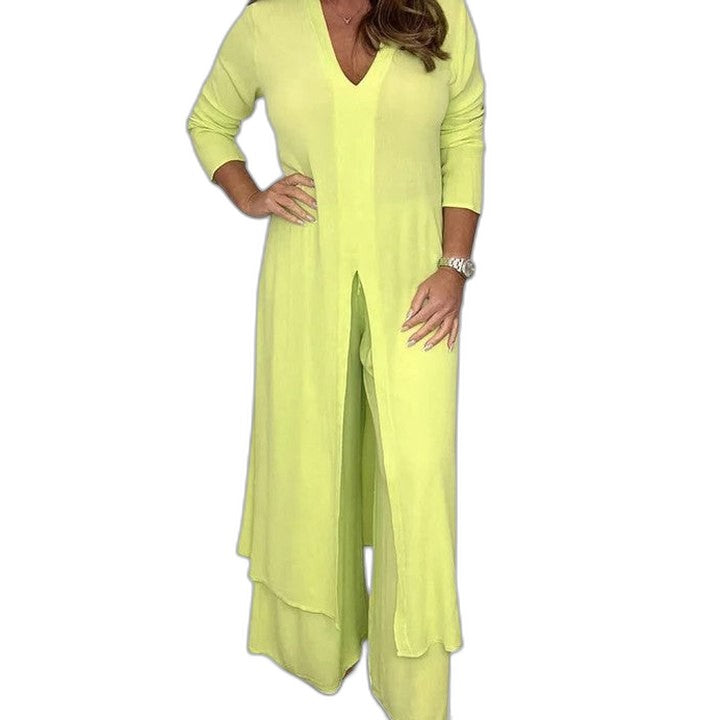 Effortless White Chiffon Jumpsuit for Women with V Neck Long Sleeve Wide Leg Flowing Casual Style