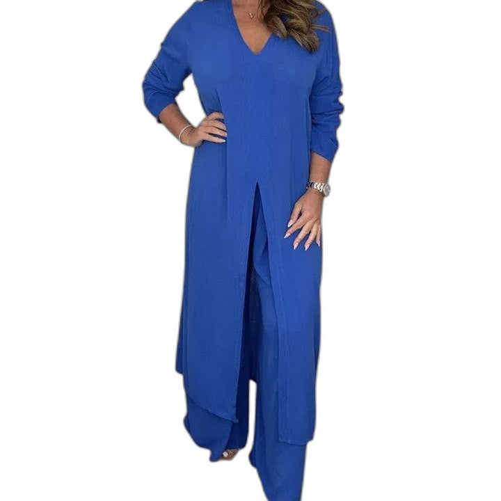 Effortless White Chiffon Jumpsuit for Women with V Neck Long Sleeve Wide Leg Flowing Casual Style