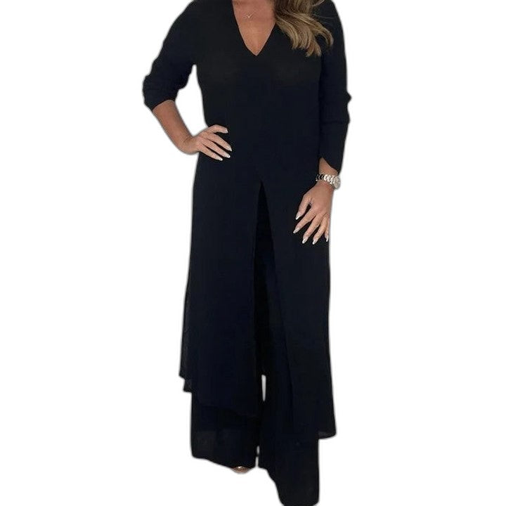 Effortless White Chiffon Jumpsuit for Women with V Neck Long Sleeve Wide Leg Flowing Casual Style