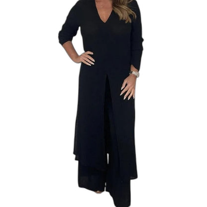 Effortless White Chiffon Jumpsuit for Women with V Neck Long Sleeve Wide Leg Flowing Casual Style