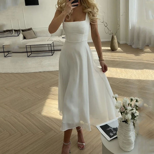 Effortless White Chiffon Midi Skirt for Women with A Line Flowing Casual Style