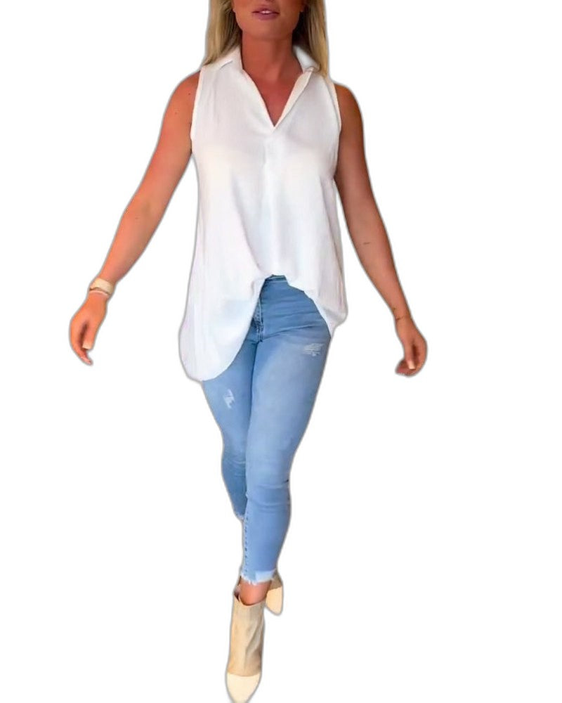 Effortless White Chiffon Tank Top for Women with Collared Sleeveless Button Front Flowing Casual Style