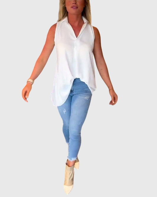 Effortless White Chiffon Tank Top for Women with Collared Sleeveless Button Front Flowing Casual Style