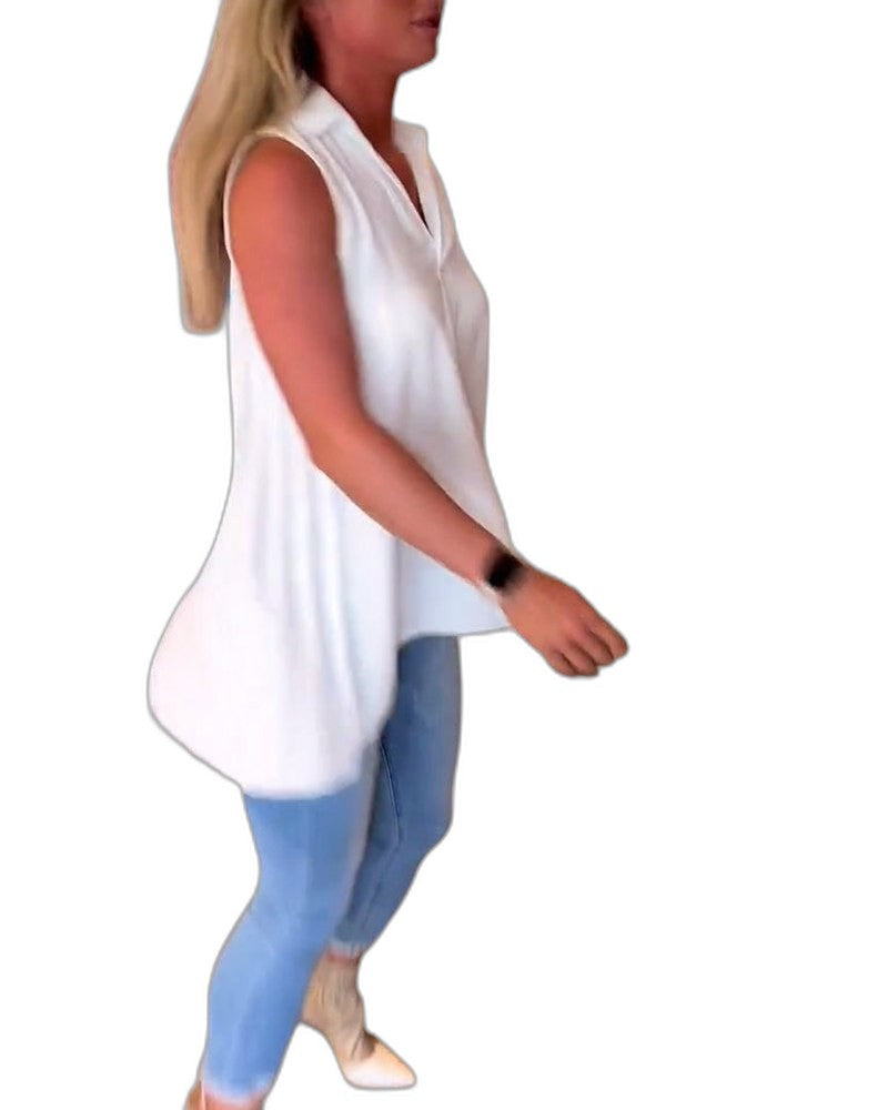 Effortless White Chiffon Tank Top for Women with Collared Sleeveless Button Front Flowing Casual Style